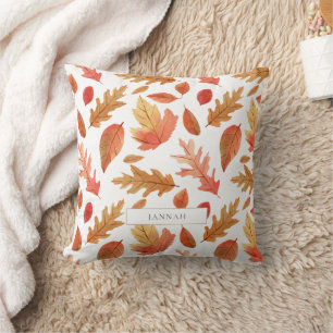 Rustic Rust Orange Fall Leaves Autumn Pattern Name Throw Pillow