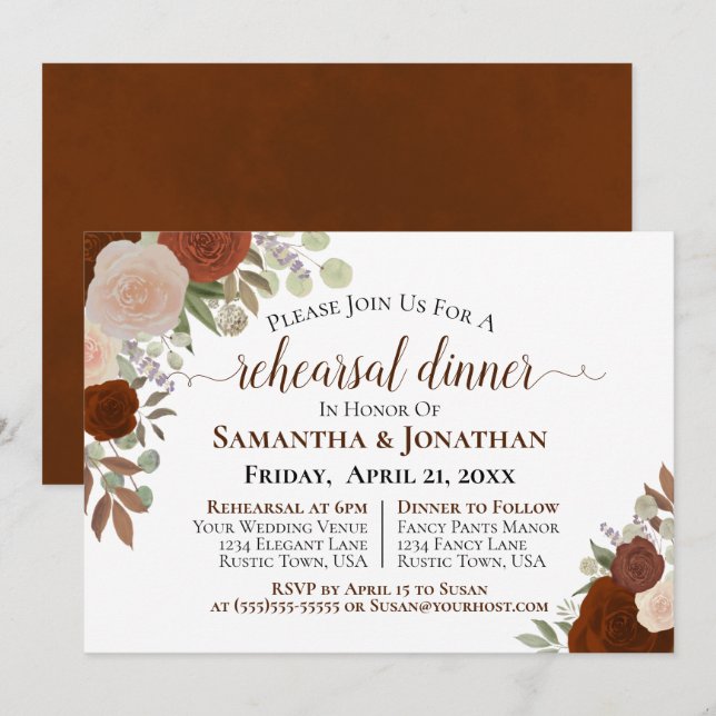 Rustic Rust Orange Floral Wedding Rehearsal Dinner Invitation (Front/Back)