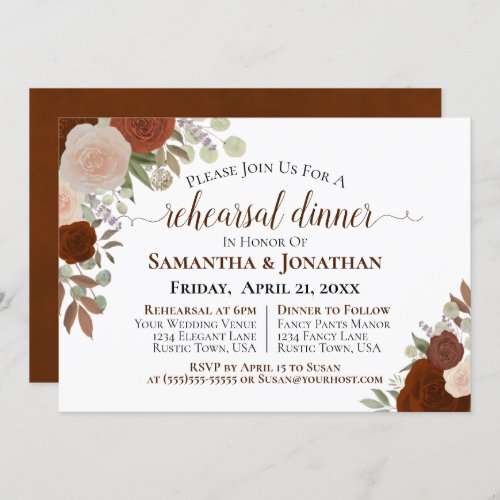 Rustic Rust Orange Floral Wedding Rehearsal Dinner Invitation