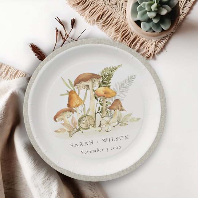 Rustic Rust Orange Mushroom Fern Foliage Wedding Paper Plates (Creator Uploaded)