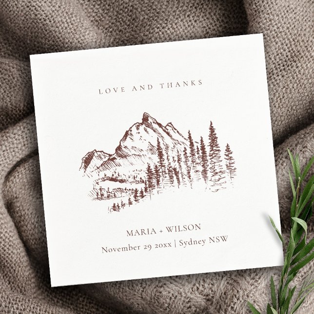 Rustic Rust Pine Woods Mountain Sketch Wedding Napkins (Creator Uploaded)