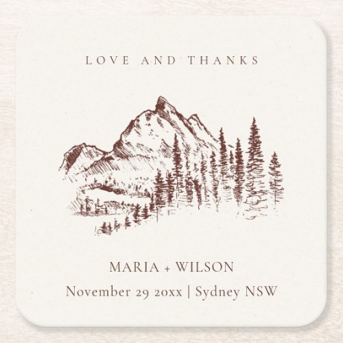 Rustic Rust Pine Woods Mountain Sketch Wedding Square Paper Coaster