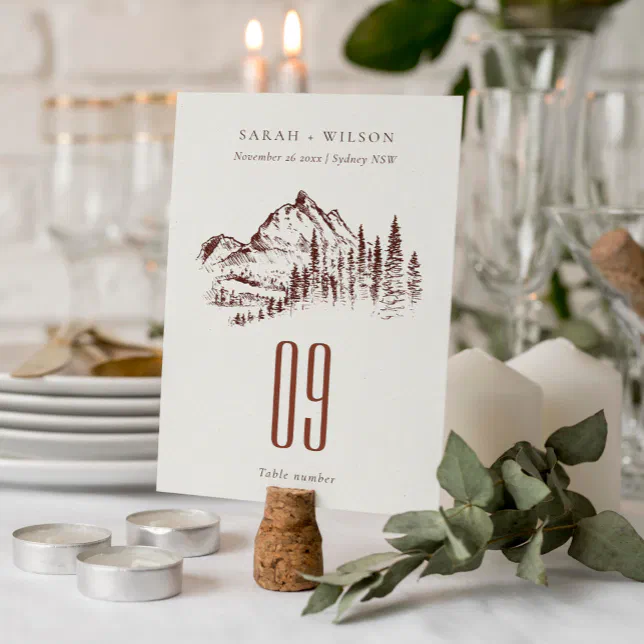 Rustic Rust Pine Woods Mountain Sketch Wedding Table Number | Zazzle