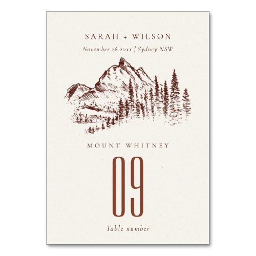 Rustic Rust Pine Woods Mountain Sketch Wedding Table Number