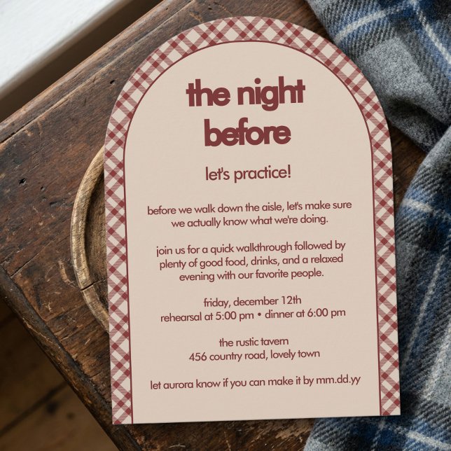 Rustic Rust Red Plaid Rehearsal Dinner Arch Invitation (Dinner Rehearsal Invitation from the Rustic Red Plaid Western Wedding Suite by Darling & May)