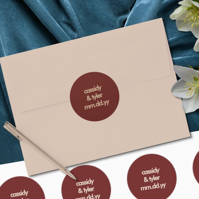 Rustic Rust Red Wedding Envelope Seal Sticker (Bride & Groom name stickers from the Rustic Red Plaid Western Wedding Suite by Darling & May)