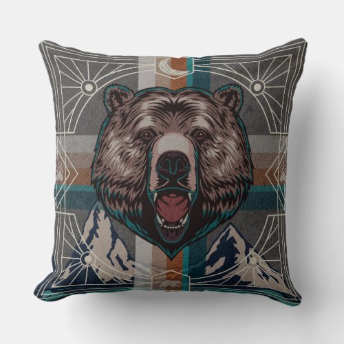 Rustic Rust  Turquoise Western Art Deco Bear Throw Pillow
