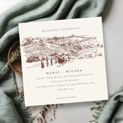 Rustic Rust Winery Mountain Sketch Wedding Invite