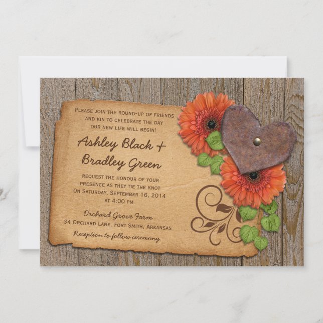 Rustic Rusty Heart Orange Daisy Country Wedding 2 Invitation (Front)
