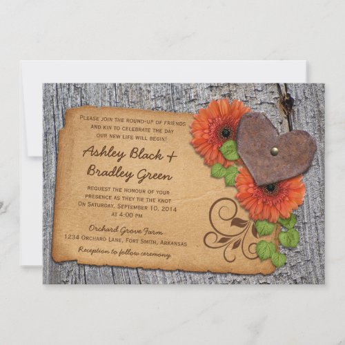 Rustic Rusty Heart Orange Daisy Country Wedding Invites