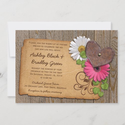 Rustic Rusty Heart Pink Daisy Country Wedding 2 Invitation