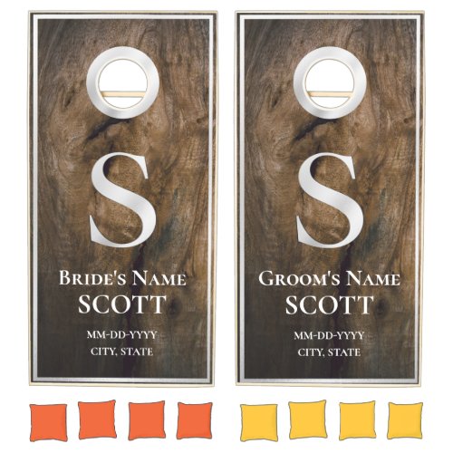 Rustic S Monogram Bride Groom Names Cornhole Set