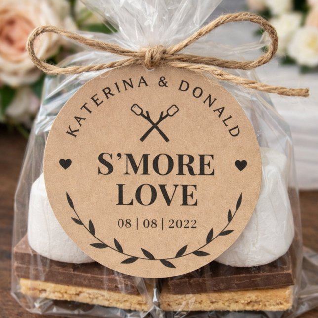 Rustic S’more Love Wedding Kraft Classic Round Sticker (Rustic S’more Love Favor Tags for Wedding or Bridal Shower Treat Bags)