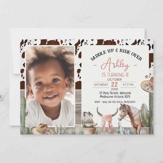 Rustic Saddle Up Horse Cowhide Birthday Invitation (Front)