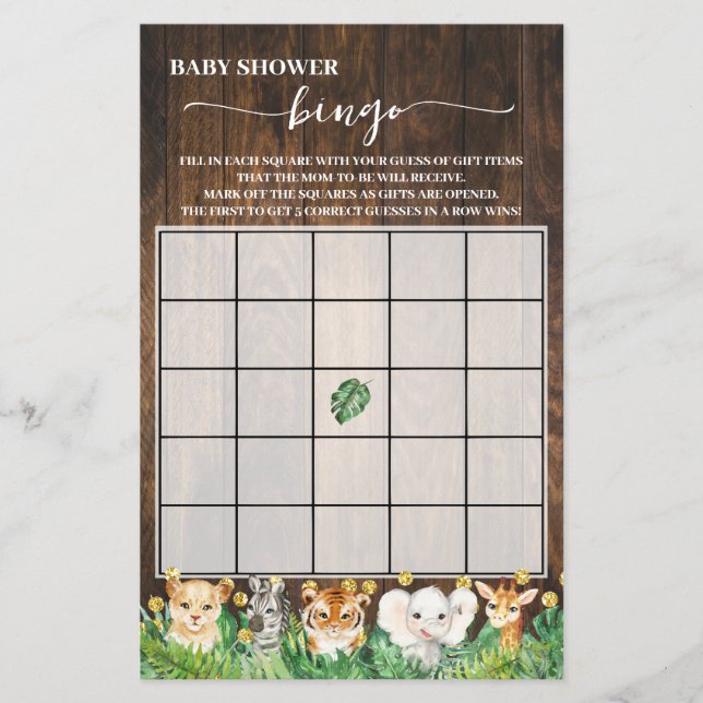 Rustic Safari Animals Baby Shower Bingo Game Card Flyer (Front)