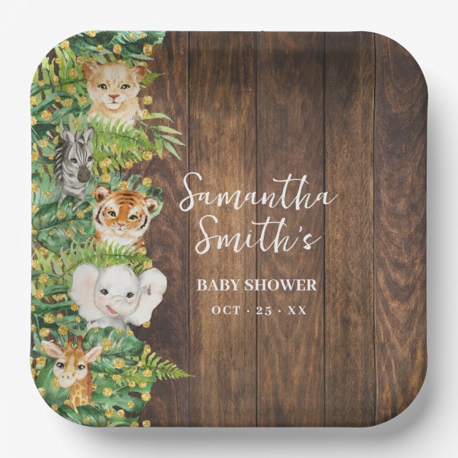 Rustic Safari Animals Gold Glitter Baby Shower Paper Plates (Front)