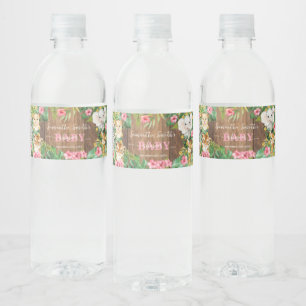 Rustic Safari Animals Pink Flowers Baby Shower Water Bottle Label
