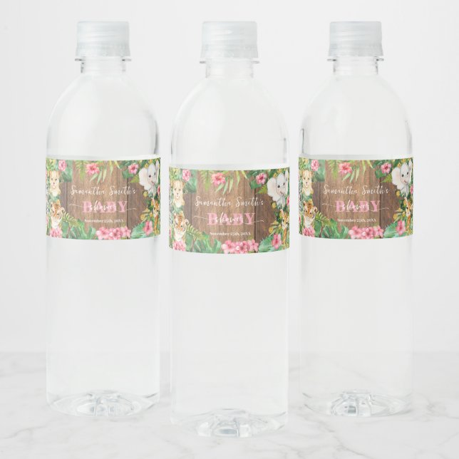 Rustic Safari Animals Pink Flowers Baby Shower Water Bottle Label (Bottles)