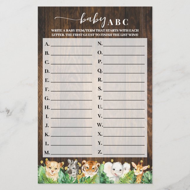 Rustic Safari Baby ABC Baby Shower Game Card Flyer (Front)