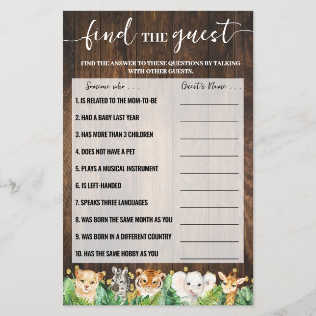 Rustic Safari Find the Guest Baby Shower Game Card Flyer (Front)