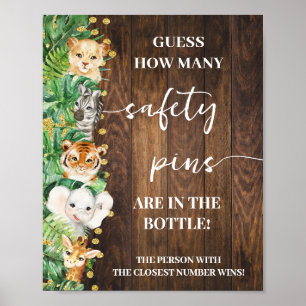 Rustic Safari How Many Safety Pin Baby Shower Game Poster