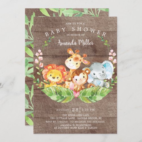 Rustic Safari Jungle Animals Baby Shower Invitation