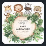 Rustic Safari Jungle Animals Books for Baby Shower Square Sticker<br><div class="desc">This whimsical design features rustic watercolor tropical greenery and adorable safari animals</div>