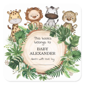 Rustic Safari Jungle Animals Books for Baby Shower Square Sticker