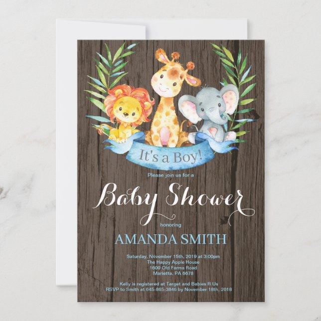 Rustic Safari Jungle Animals Boy Baby Shower Invitation (Front)