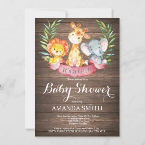 Rustic Safari Jungle Animals Girl Baby Shower Invitation