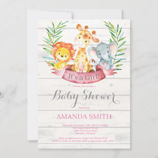 Rustic Safari Jungle Animals Girl Baby Shower Invitation | Zazzle