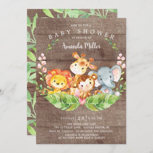 Rustic Safari Jungle Animals Girls Baby Shower Invitation