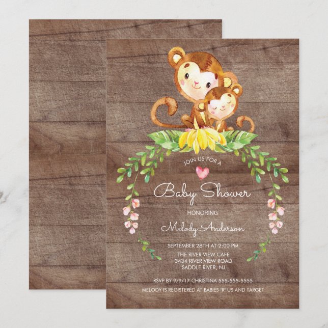 Rustic Safari Jungle Monkey Baby Shower Invitation (Front/Back)
