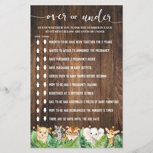 Rustic Safari Over or Under Baby Shower Game Card Flyer (Front)