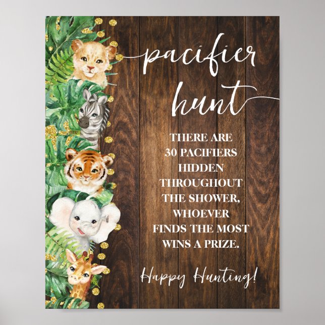 Rustic Safari Pacifier Hunt Baby Shower Game Poster (Front)