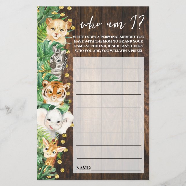 Rustic Safari Who am I Baby Shower Game Card Flyer (Front)