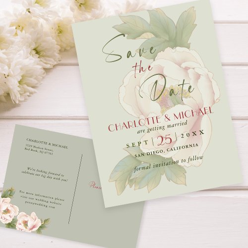 Rustic Sage and Blush Peony Wedding Save the Date Announcement Postcard