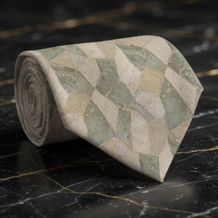 Rustic Sage and Cream Marble Geometric Mosaic  Neck Tie