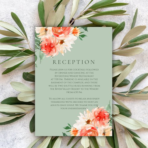 Rustic Sage and Orange Blooms Wedding Reception Enclosure Card