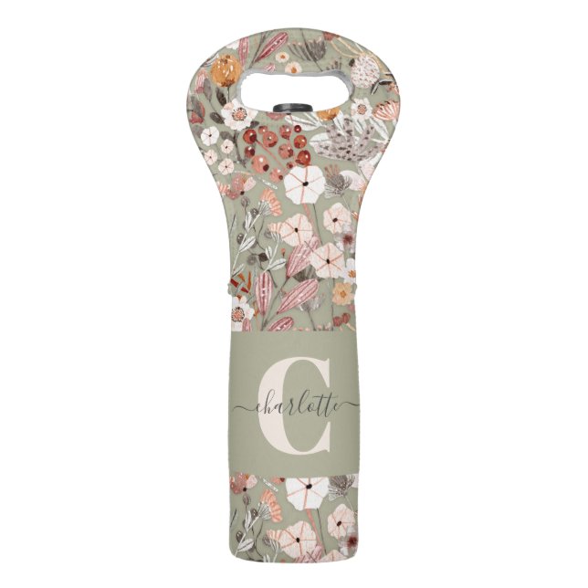 Rustic Sage Botanical Boho Monogrammed Wine Bag (Front)