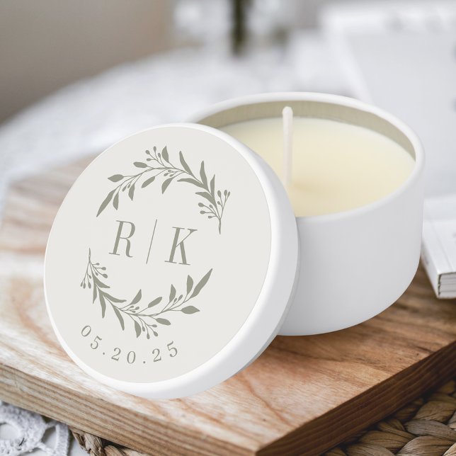 Rustic Sage Botanical Wreath Wedding Monogram Mini Candle Favors (Creator Uploaded)