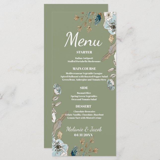 Rustic Sage floral 4x9 flat wedding Menu (Front/Back)