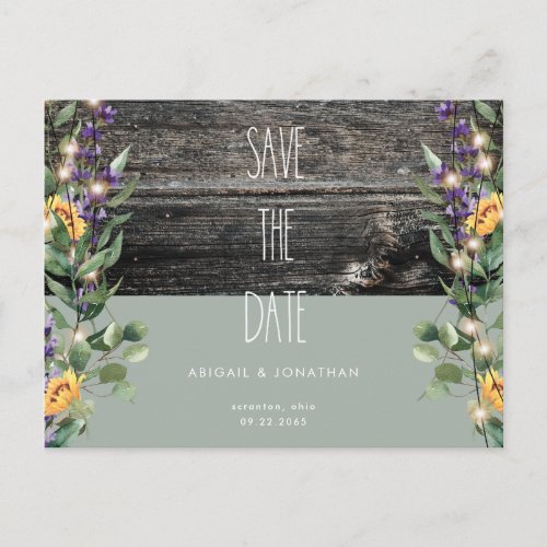 Rustic Sage Foliage Sunflower Save the Date Invitation Postcard