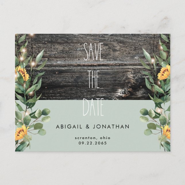 Rustic Sage Foliage Sunflower Save the Date Postcard (Front)