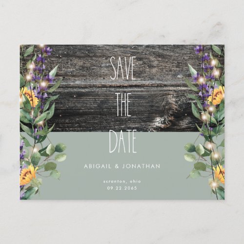 Rustic Sage Foliage Sunflower Save the Date  Postcard