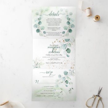 Rustic Sage & Gold Eucalyptus Botanicals Wedding | Tri-fold Invitation by dmboyce at Zazzle