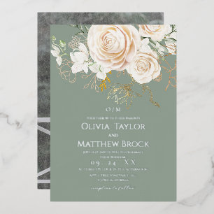 Rustic Sage Gold Floral Wedding Foil Invitation