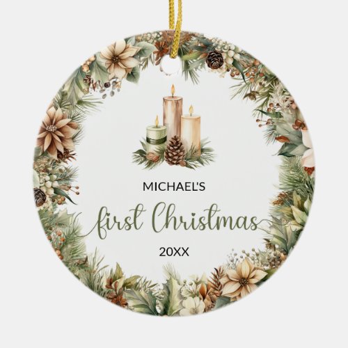 Rustic sage green and beige Christmas candles Ceramic Ornament
