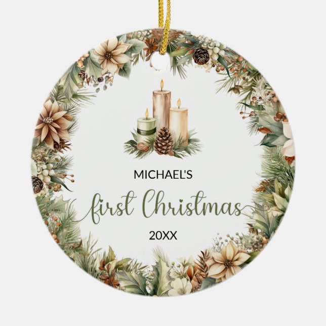 Rustic sage green and beige Christmas candles Ceramic Ornament (Front)