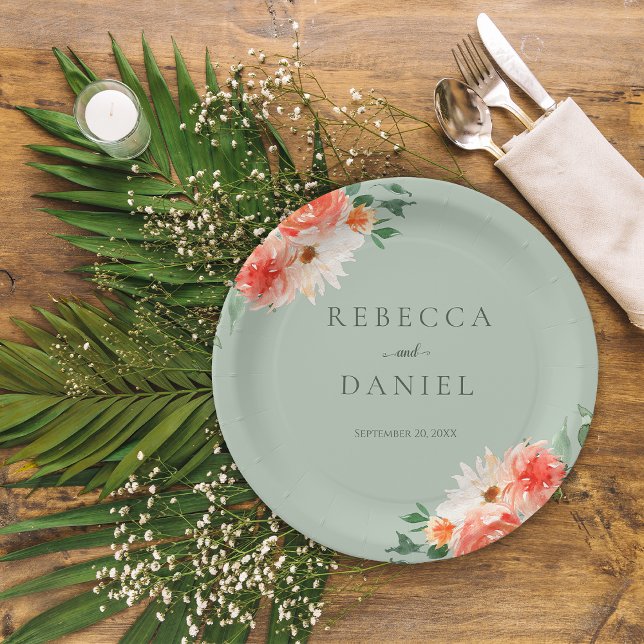 Rustic Sage Green and Orange Wildflowers Wedding Paper Plates (Creator Uploaded)